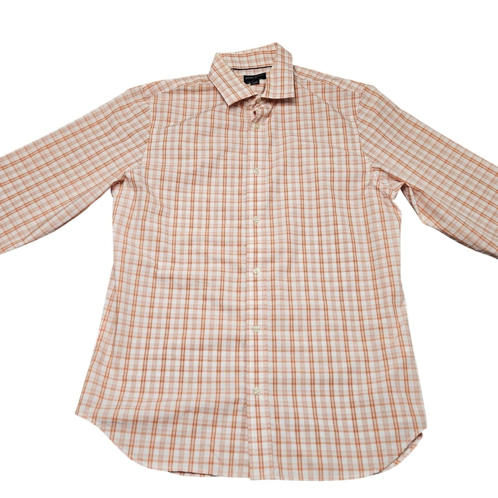 Banana Republic Dress Shirt Large Long Sleeve Slim Fit Non Iron Orange Plaid